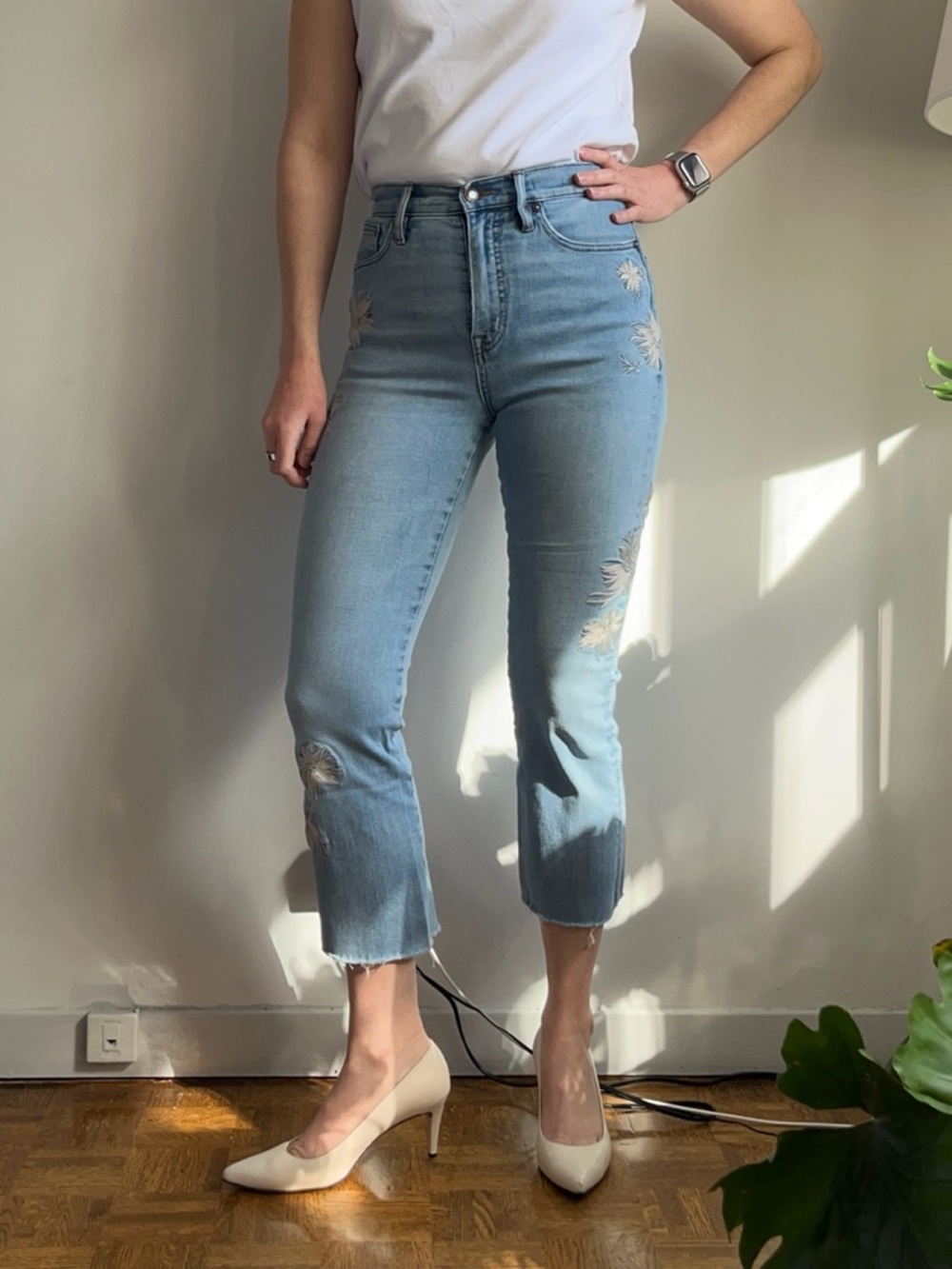 J. Crew “Point Sur Denim” High-Rise Light Blue Embroidered Crop Jeans